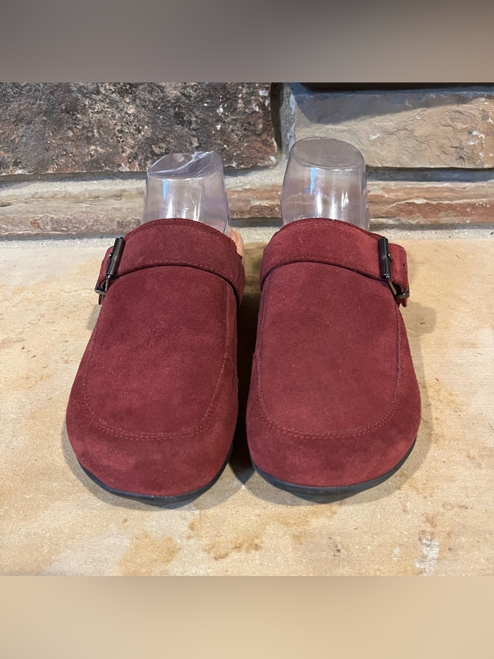 Vionic Tanya Burgundy Suede Slip-On Clogs with Buckle - Picture 2 of 8